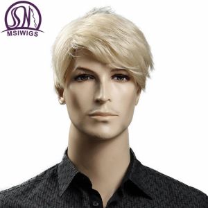 かつらmsiwigsショートブロンドの男性合成ウィッグアメリカヨーロッパ6インチストレートメンウィグ無料ヘアキャップ耐火