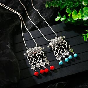 Anhänger Halsketten Vintage Silber Farbe Halskette Charme Schmuck Für Frauen Gypsy Runde Stein Quaste Lange Kette Mädchen Tibetisch