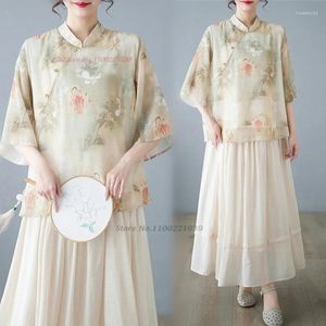 Этническая одежда 2024, традиционная китайская винтажная блузка с национальным цветочным принтом, улучшенное Ципао, восточные ретро топы ханьфу, обслуживание