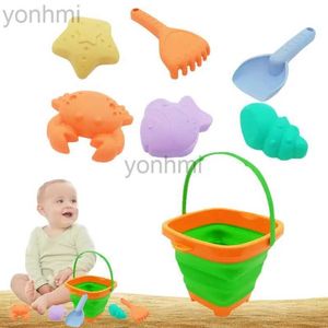 Sand Play Water Fun Sand Toys for Kids 7pcs Cute Sandbox Toys Portable Rake Shovel Söta sandformar Fällbar strandhink med Mesh Bag för sommaren 240402