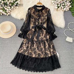 Spring Casual Dresses Summer Women Black Flower Embroidery Mesh Long With Sashes Lapel Button Decoration Elegant Party Vestidos 2023