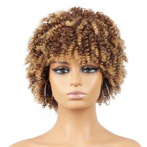 Parrucche cortometraggio oro riccio di oro sintetico parrucca afro con scoppi naturale resistente al calore cosplay donna