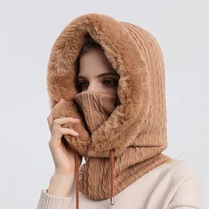 Inverno chapéu cachecol ao ar livre lã de malha quente pescoço mais quente grosso velo forrado crânios gorros boné feminino gorro balaclava rosto capa 240311