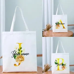 Sacos de compras Saco de lona personalizado personalização 26 letras flor nome bolsa única festa presente dama de honra