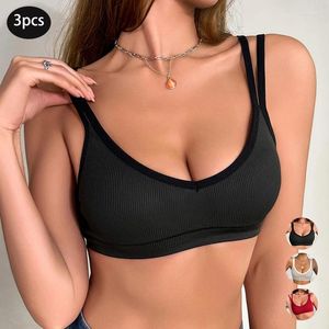 Sutiãs 3 pçs / set sexy reunir sem costura mulheres sutiã com nervuras cor sólida confortável esportes backless camisola fora alças de ombro