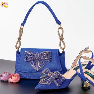 Dress Shoes 2024 Italian Design Blue Elegant Women's Heels Fashion Crystal Bow Pointed Toe Sandals Nigeria Bag Set For Women