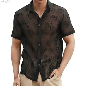 Mäns casual skjortor män mesh skjorta lapel kort ärm blomma ren sexiga skjortor streetwear camisas mode transparent fest nattklubb skjortor toppar 240402