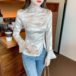 Blusas femininas 2024 estilo chinês retro hanfu camisa mulheres outono jacquard tradicional fivela de disco qipao top senhoras manga longa cheongsam