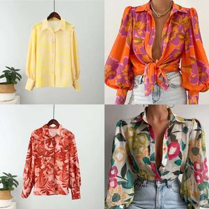 Print Long Puff Sleeve Women's Shirt Elegant V-Neck Floral Office Women Shirts Spring Summer Fashion Ladies Tops Blouses S s