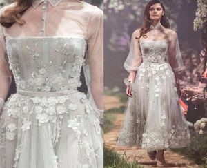 2019 Nya moderna silvergrå blommor tyll aftonklänningar med krage ren poet ärmar pärlor prom party klänning ankel längd formal3148023