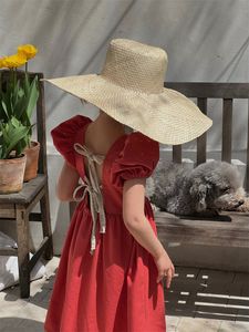 Kinder Schnür-Bögen rückenfreie Kleider Mädchen Puffärmel rotes Prinzessinkleid 2024 Sommer Kinder Strandurlaub Kleidung Z7469