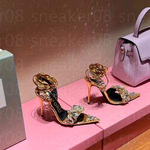 Сандалии на щиколотке с металлическими кристаллами, украшенные завязками на щиколотке, на каблуке-шпильке для женщин Вечерние туфли для вечеринок Роскошный известный бренд для женщин-дизайнеров