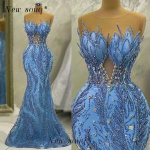 Party Dresses African Fashion Blue Long Sparkle Mermaid Evening Glitter Crystals Formal Occasions Women Corset Wedding Gowns