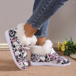 Boots Women Skull Pattern Plush Shoes Slip On Fluffy Flat Thermal Lined Canvas Winter Halloween Warm