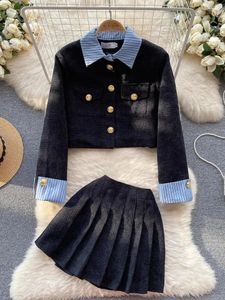 Abiti da lavoro inverno retro marrone set da donna donna nero patchwork a maniche lunghe cardigan slim corto mini gonna a pieghe per due pezzi abiti da due pezzi