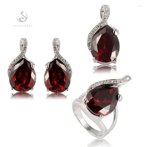 Комплект ожерелья и серег Flure Esme, роскошные подвески для женщин, свадебные блестящие (кольцо/серьги/подвеска), красный кубический цирконий с родиевым покрытием