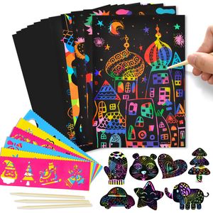 DIY Magic Rainbow Color Scratch Art Paper Card Set With Graffiti Stencil Drawing Board Stick Art Painting Educational Toys Gifts
