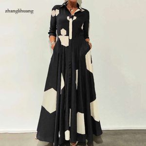 Women Maxi Ellafads Dress Casual Long Sleeve Geometric Print Lapel Nipped Waist With Pockets Elegant Party Dresses es