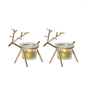 Candle Holders 2 Pcs Reindeer Tea Light Holder Iron Candlestick And Transparent Cup Christmas Table Stand(Golden)