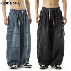 Reddachic Big Pockets Patchwork Cargo Pants Men Vintage Y2K Ejressad Elastic midje baggy jeans avslappnad skater överdimensionerad 240323