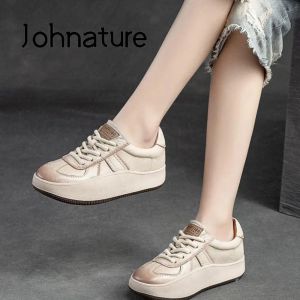 Flats Johnature 2022 New Handmade Comfortable Lady Shoes Genuine Leather Round Toe Hollow Sewing Dames Sneakers