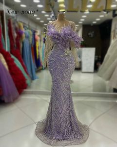 Party Dresses Fancy Lilac Purple Long SemeVes Mermaid Evening 2024 Crystals Beaded Formal Women's Wedding Night Prom Clows