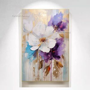 モダンな抽象花のキャンバス絵画紫色の白い花の油絵キャンバス100％手作りの白い紫と金の派手な壁の装飾リビングルームオフィスアート