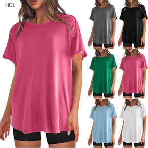 Womens Solid Color Large T-shirt Round Neck Short Sleeved Summer Sports Boyfriend Loose Top