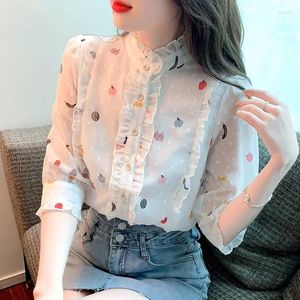 Women's Blouses Spring Stand-up Collar Ruffled White Shirt Women Floral Chiffon Five-point Sleeve Tops Design Casual Female Blouse