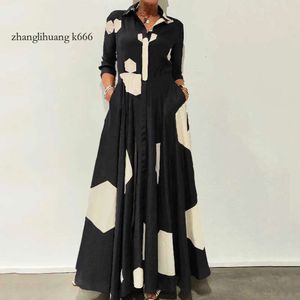 Ellafads 2024 Frauen Maxi Kleid Casual Long Sleeve Geometrische Drucklampe Nipped Taille mit Taschen Elegante Partykleider Es