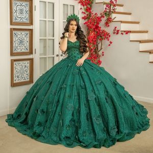 Luxury Dark Green Quinceanera Dresses 2024 Pageant 3D Flowers Pärlor Sweetheart Sweet Train Sweet 15 16 Birthday Party Gown