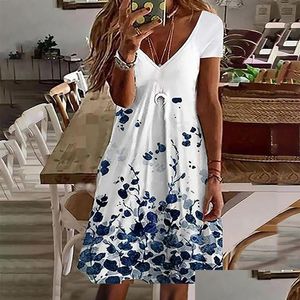 Basic Casual Kleider Damen Sommer Minikleid Kurzarm V-Ausschnitt Blumendruck Flowy A-Linie Babydoll Maxi mit Taschencasual Drop Deli Dhdmx