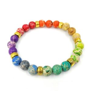 Frisado Jln Imperador Pedra Sete Chakra Pulseira Anqitue Ouro / Sier Flor Contas Espaçador Achados Imperial Jasper Gems Pulseiras Para Homens Dhac0