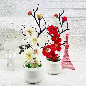 Dekoracyjna symulacja Symulacja jedwabna śliwkowa bonsai kwiat kwiat sztuczny garnko Roślina realistyczna chińska gałąź wazony ślub dom