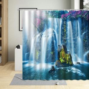 Cortinas de chuveiro cachoeira natureza cenário flor paisagem cortina tecido poliéster à prova dwaterproof água pendurado com ganchos decoração do banheiro
