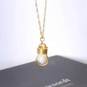 Pendant Necklaces Light Bulb Shaped With Hanging Artificial Pearls Titanium Steel Plated 14K Gold Creative Necklace Jewelry