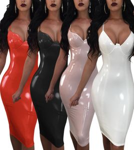 Plus größe PVC Wet Look Leder Dresse Schlank Moderate Mode Verband Kleid Sexy Trägerlosen Leder Kleid Frauen Bodycon Club9980693