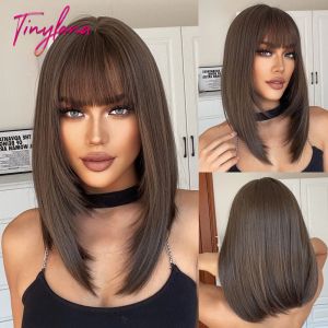 Wigs Medium Straight Synthetic Bob Wig Dark Black Brown Short Wigs With Bangs for Women Cosplay Daily Layered Hair Heat Resistant