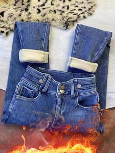 Kvinnors jeans kvinnor smal förtjockar plysch sammet fodrad blyerts denim byxor lamm fluff hög midja vinter stretch varma leggings