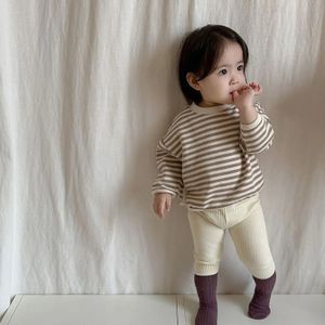 Baby Autumn Striped Bottoming Shirt Boy Girl Children Cotton Casual T-shirt Kid Ribbed Leggings Infnat Pit Striped Fashion Pants 240318