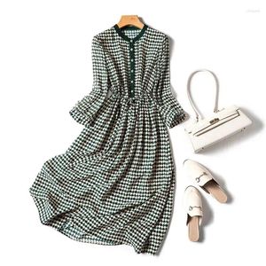 Abiti casual Limiguyue Green Grid Pattern Women Women Dress Elastic Waist Long Summer Crepe A-Line Big Swing Vestidos Z042