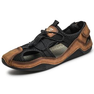 Sandals Outdoor Summer Sandals Men Mesh Shoes Big Size 3846 Hand Stitched Sandal Flat Male Sandalias Hollow Breathable Casual Shoes Men