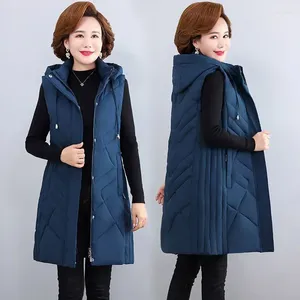 Kamizelki damskie kamizelki zima kamizelki kobiety puchniętą ciepłą kurtkę z kapturem bez rękawów długa płaszcz Kobieta luźna warstwowa otwena w rozmiarze śniegu w rozmiarze v218