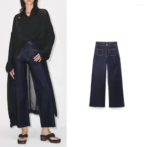 Jeans da donna 2024 Autunno leggero stile maturo Navy Air Pocket Decorazione canna dritta a vita alta