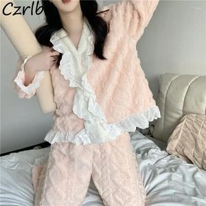 Home Clothing Pink Lace Patchwork Pajama Sets For Women Elegant Sweet Cute Sleepwear Warm Winter Clothes Outfits Ropa Mujer Casual Long