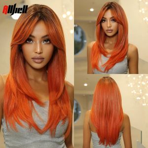 Wigs Orange Cosplay Wig Long Layered Straight Hair Dark Root Synthetic Wigs for Women with Bangs Party Daily Wig Heat Resistant Fibre