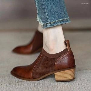 Dress Shoes 2024 Autumn Soft Work Women Mid Heels Stretch Pointed Toe Slip On Brown Khaki British Style 35-40 Dropship Womens