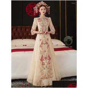 Ethnische Kleidung Elegante Mandarinkragen Ehe Cheongsam Frauen Sparkly Champagner Pailletten Perlen Exquisite Stickerei Kleid Drop Deli DHP7R