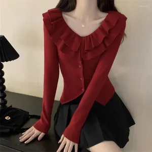 Women's Knits Women Knitted Cardigan Long Sleeve Sweater Ruffle Crop Tops Y2k Clothing Streetwear Korean Chic Slim Coats Red Black