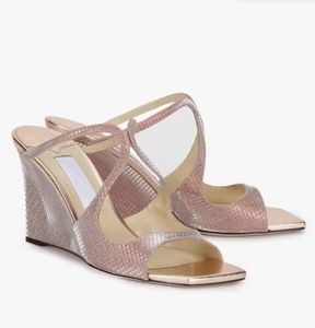 Kvinna Sandal Designer High Heels Anise Wedge Anises 85mm Leather Wedges Sandaler Slide Heels Wedding Dress Pumpar Öppen tå